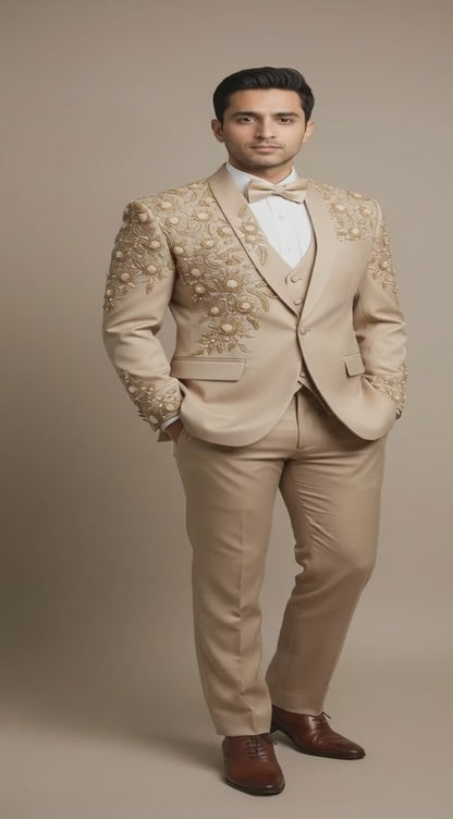 Luxury Beige Embroidered Blazer with Golden Pearl Handwork