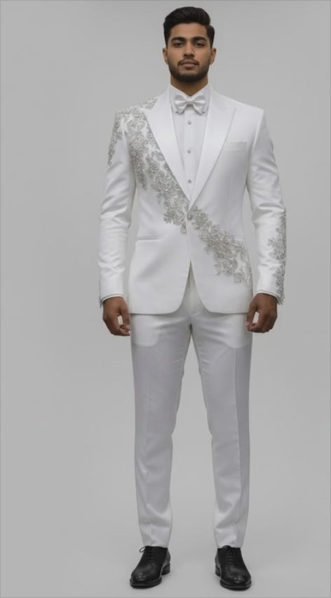 Luxury White Embroidered Tuxedo for Groom & Special Events